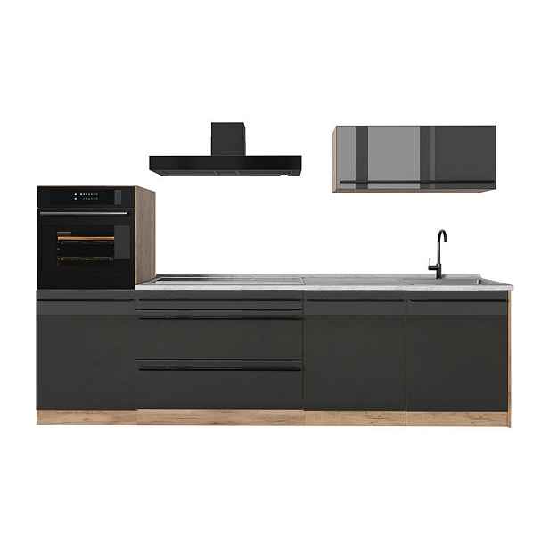 Vicco KUCHYŇSKÝ KOUT R-Line, Antracitový vysoký lesk/Zlatý mocný dub, 280 cm pracovná doska Mramor