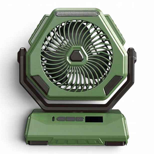 Kempingový, turistický Led ventilátor – přenosný, háček, otáčení o 270°