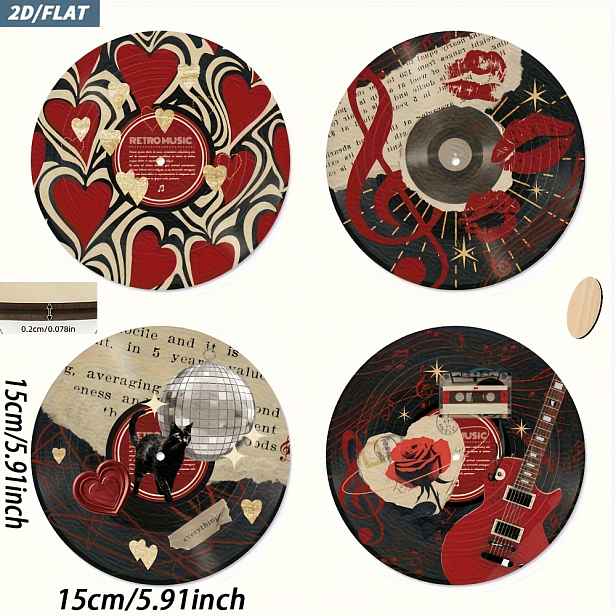 TEMU 2D Plochý, 2D Plochý Tisk, Sada 4 ks Dřevěné Nástěnné Umění z Vinylové Desky, Multifunkční Vintage Hudební Závěsná Dekorace se Srdcem, Rty,