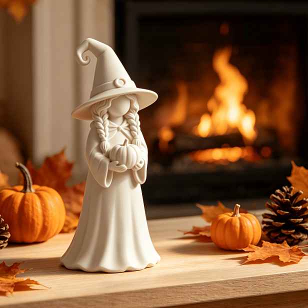 TEMU Retro čarodějnický malý ornament, matná bílá , hřejivý a jemný, plná atmosféra obepínajícího se dýně. Vhodný pro podzimní a halloweenskou
