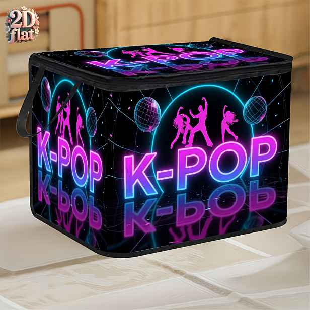 TEMU Skládací koš s víkem a neonovým světlem, K-POP pódium, klasický kreslený postaviček, 2D plochý, skládací úložný box do domácí skříně, vhodný do