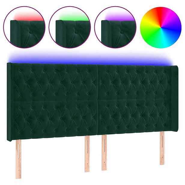 vidaXL Čelo postele s LED tmavě zelené 203 x 16 x 118/128 cm samet