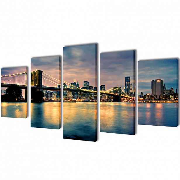 vidaXL Sada obrazů, tisk na plátně, Brooklynský most s řekou, 200 x 100 cm