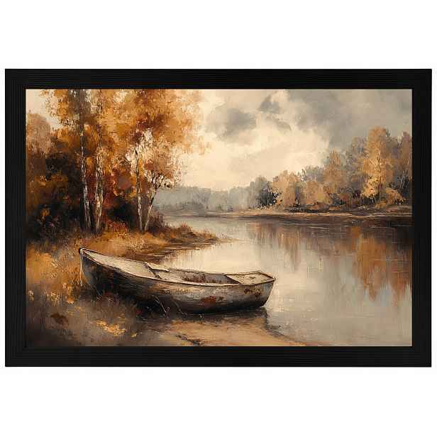 Plakát Rámeček Dřevo Podzimní Krajina Loďka Řeka Zlatá Podzim 60x40