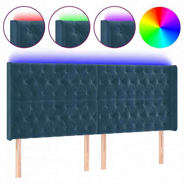 vidaXL Čelo postele s LED tmavě modré 203 x 16 x 118/128 cm samet