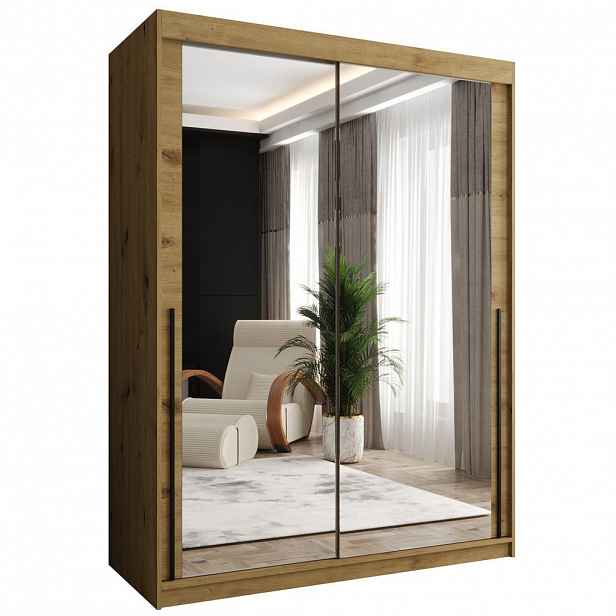 Home Collective ŠATNÍ SKŘÍŇ S POSUVNÝMI DVEŘMI se zrcadlem, šířka 150 cm, Artisan s černým madlem