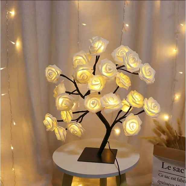 Lampka Led lampa Stromek strom Růže bílá Růže bonsai Dárek Den žen