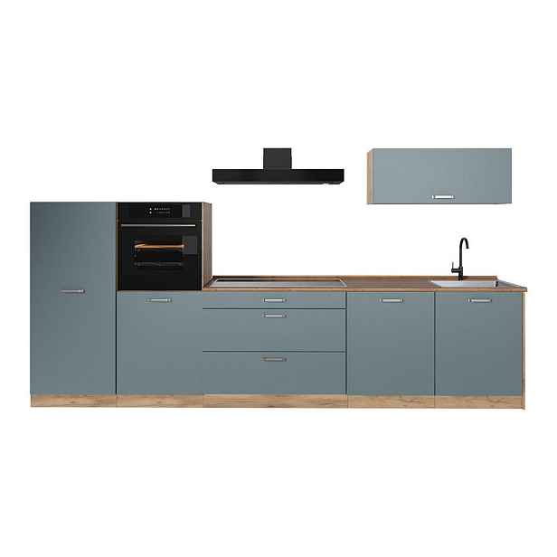 Vicco KUCHYŇSKÝ KOUT R-Line, Modrošedá/Zlatý mocný dub, 340 cm pracovná doska Dub Goldkraft
