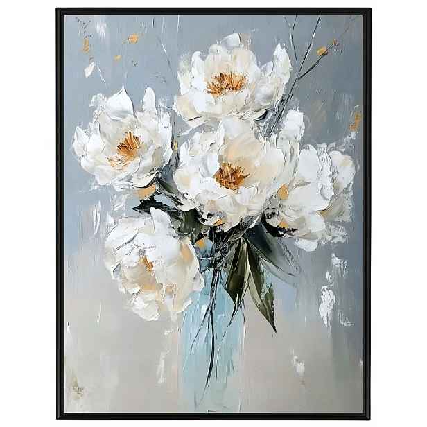 Plakát Rámeček Hliníkový Olej Impasto Květiny Bílé Pivoňky Kytice 60x80