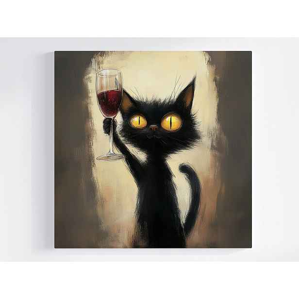 Obraz Na Plátně Canvas Kuchyně Bar Černá Kočka Víno Sklenička Toast 50x50