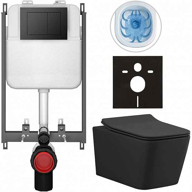 Kompletní WC set Basic/Forte - černá matná - WC tlačítko Maxio/Černá - pro zazdění - 51x36 cm