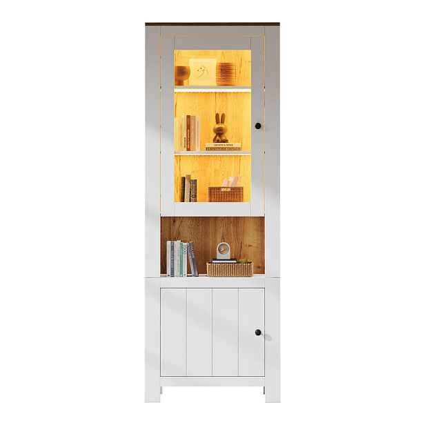 EVRYAE BUFFET se skleněnými dvířky a LED vysokou skříní s úložným prostorem do obývacího pokoje Bílá přírodní 70x40x188 cm
