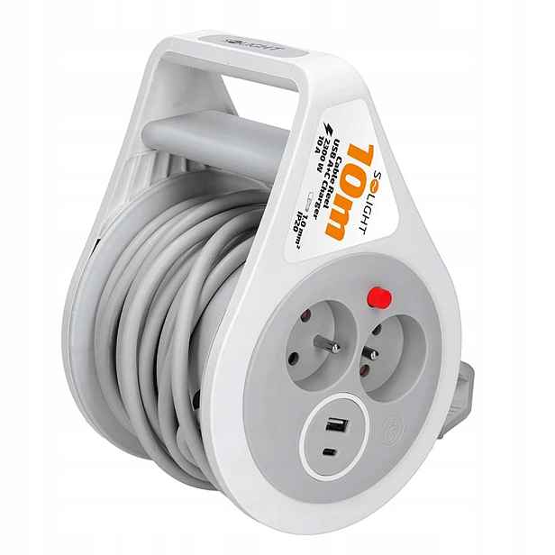 Prodlužovací přívod na bubnu 10m, Usb A+c, 2 zásuvky, šedý kabel, 3x 1,0mm2
