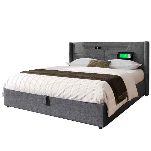 Redom ČALOUNĚNÁ postel 160/200 cm s LED osvětlením, USB a Type-C nabíjením a úložným prostorem, Šedá