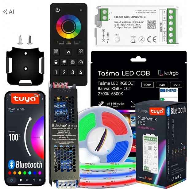 Set Led Pásek Cob 10M Rgb Cct Bílý Wifi Dálkový Ovladač Napájecí Zdroj Aplikace Tuya