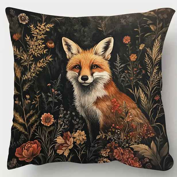 TEMU 1ks Lesní liška květinový povlak na polštář - oboustranný krátký plyš, 45,72 cm x 45,72 cm, styl venkovské chaloupky, zip, ideální pro pohovku,