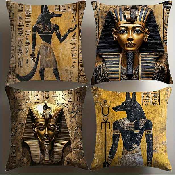 TEMU 4ks Sada, Nový Kreativní Egyptský Design Dekorativní Povlak na Polštář s Jednostranným Potiskem, Čtvercový Tvar, Ultra-měkká Broskvová Kůže
