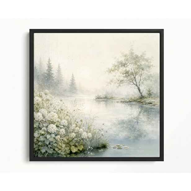 Obraz Rám Americký Box Krajina Řeka Dřevo Zeleň Les Bílé Květiny 60x60