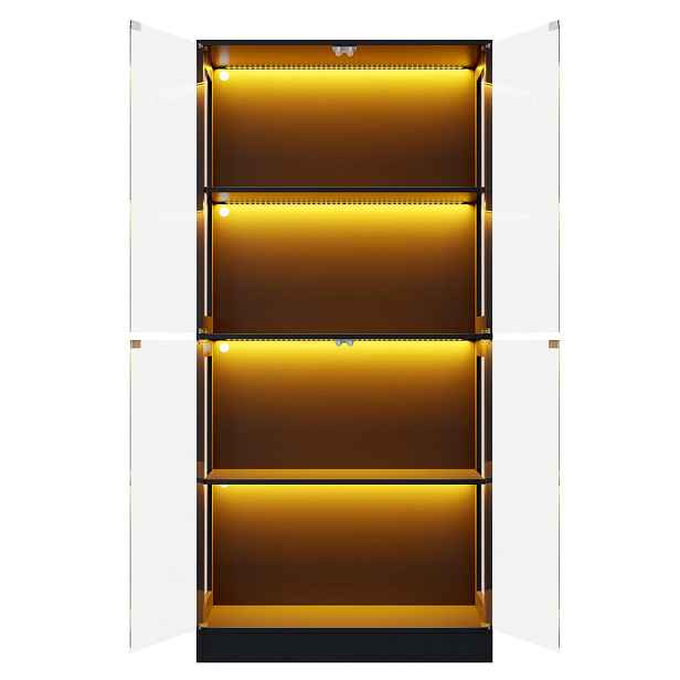 EVRYAE VITRÍNA s LED osvětlením, 4 úrovněmi, skleněným čelem, dvířky Push-to-Open 80/35/170 cm