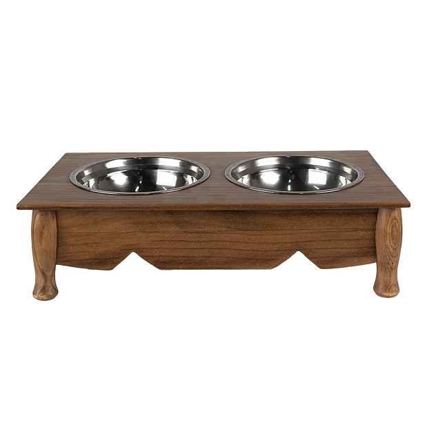 Misky pro zvířata v hnědém antik dřevěném stojanu - 41*22*12 cm / 2*500 ml Clayre & Eef
