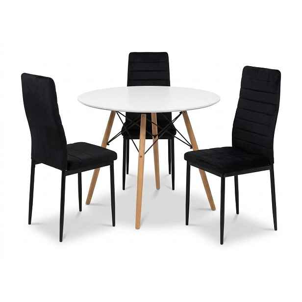 Stůl Kulatý Bílý 80 cm 3 Velurové židle Axell Černé