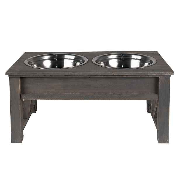 Misky pro zvířata v šedém antik dřevěném stojanu - 40*22*18 cm / 2*500 ml Clayre & Eef