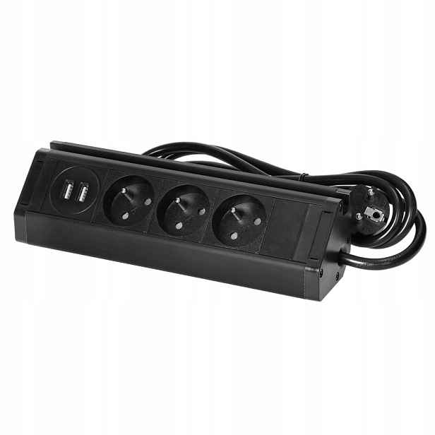 Nábytková zásuvka 3x230V 2xUSB s držákem, kabel 1,5 m, černá
