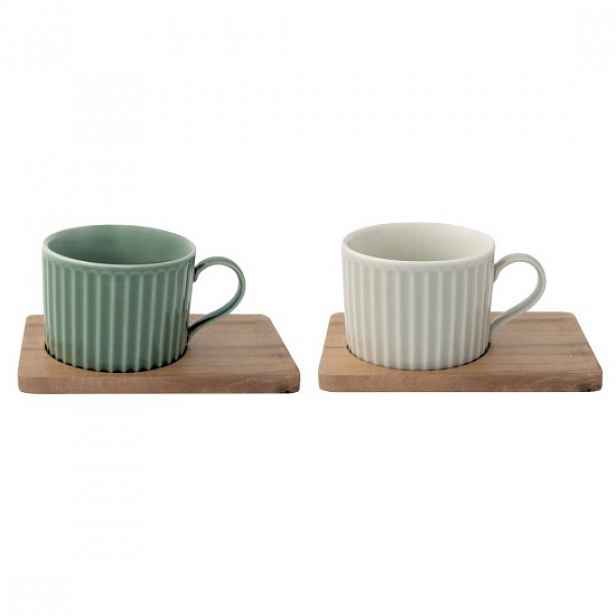 Sada 2 porcelánových hrnků, s dřevěnými podšálky, 250 ml, "Take a Brea