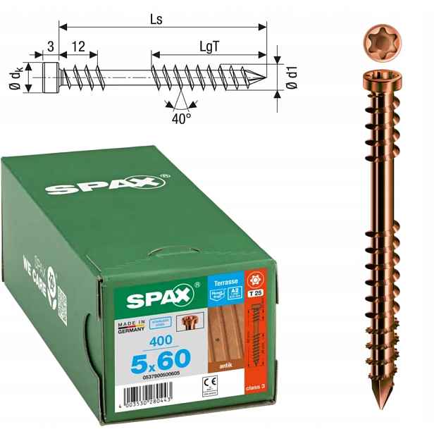 Šroub pro terasovou desku Spax 5x60 400ks A2 zlatý