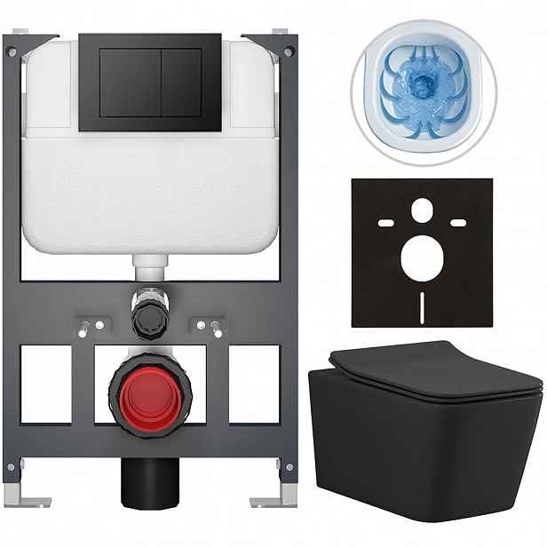 Kompletní WC set Basic/Forte - černá matná - WC tlačítko Maxio/Černá - závěsné - nízký modul - předstěnová instalace - 51x36 cm