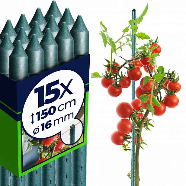 15 ks Tyčky Na Rajčata 150 cm Podpora Rostlin Potažená Palíkem Ocel 16 mm