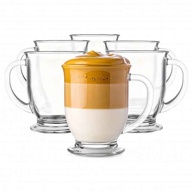 TEMU 6 ks Skleněných Hrnků na Kávu, Velké Průhledné Hrnky 15 oz/440 ml s na Horké Nápoje, Průhledné Hrnky Vhodné na Čaj, Cappuccino, Latte, Espresso,