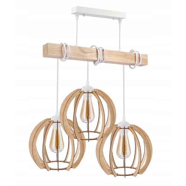 Závěsné Stropní Svítidlo Led dřevěná bílá 3x E27 Lustr Loft Vzácná koule
