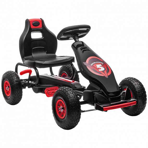 HOMCOM GOKART, dětské vozidlo s nastavitelným sedadlem, šlapací auto, červená+černá