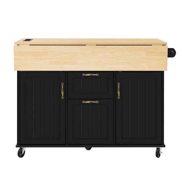 Modenvie KUCHYŇSKÝ ostrůvek z MDF, 120/40–80/92 cm černý/přírodní, sklápěcí deska a zásuvky