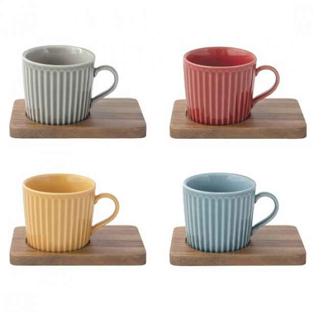 Sada 4 porcelánových šálků, s dřevěnými podšálky, 110 ml, "Take a Brea