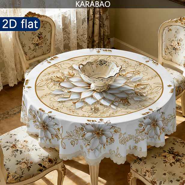 TEMU 2D plochý, 1 ks zlatý květinový kulatý ubrus, elegantní bílými květy, luxusní evropský styl dekorace, vhodný pro venkovní pikniky a setkání,