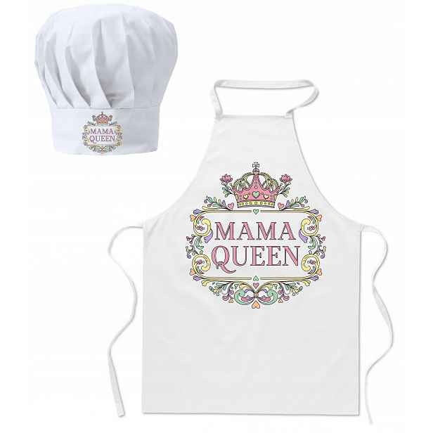 Sada Kuchyňská zástěra Kuchařská čepice pro maminku Queen Mama Svátek Matek