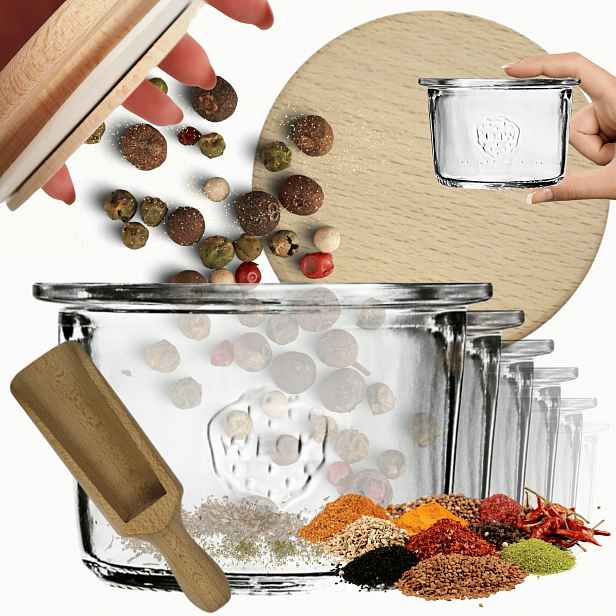 Sklenice Weck 80 ml zavařeniny Mold žáruvzdorné dřevěné víko 12 Ks odměrka