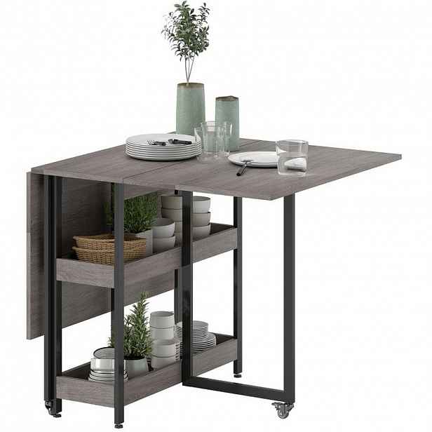 Redom SKLÁDACÍ jídelní stůl 133,4/80/75 cm s 2 otevřenými přihrádkami, kolečky s brzdou a stabilní konstrukcí, Šedá