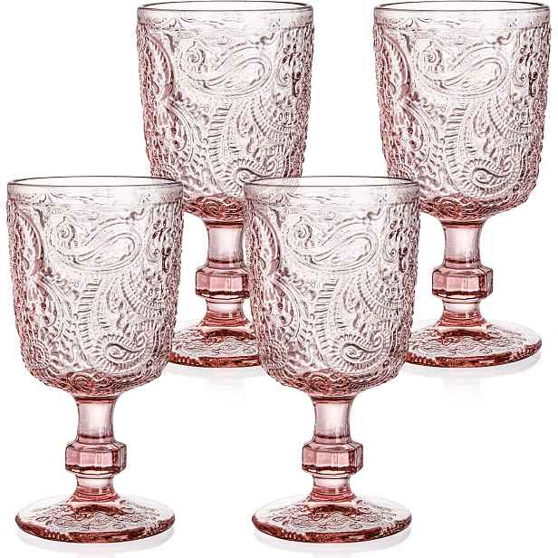 Skleničky Růžové 300 ml 4 ks Tebery Vintage Sklo Lisované na víno Poháry