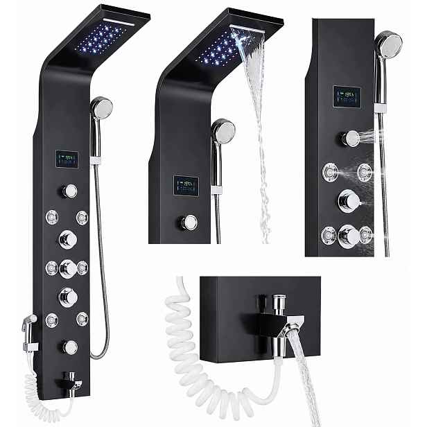 Led Sprchový Panel Sprcha Vodopád Hydromasáž Displej Bidet Černý