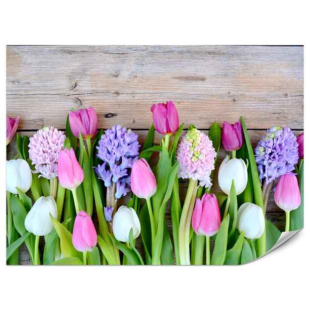 Muralo FOTOTAPETA do Kuchyně Růžové Tulipány Fialové Hyacinty Dřevěný Stůl 100x70