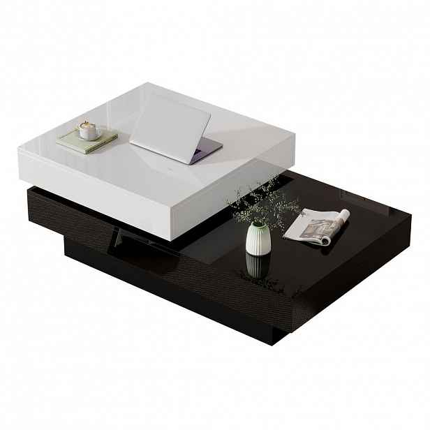 OKWISH KONFERENČNÍ stolek 103/60/35,5 cm bílá/černá z dřevotřísky s otočnou deskou a lesklým povrchem