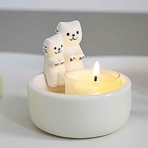 TEMU Svícen ve tvaru kočičího páru - Keramický stojan na aromaterapeutické svíčky s kresleným koťátkem, Vánoce, Halloween