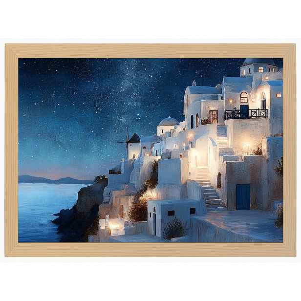 Plakát Rámeček Dřevo Krajina Řecko Ostrov Santorini Město Noc 80x60