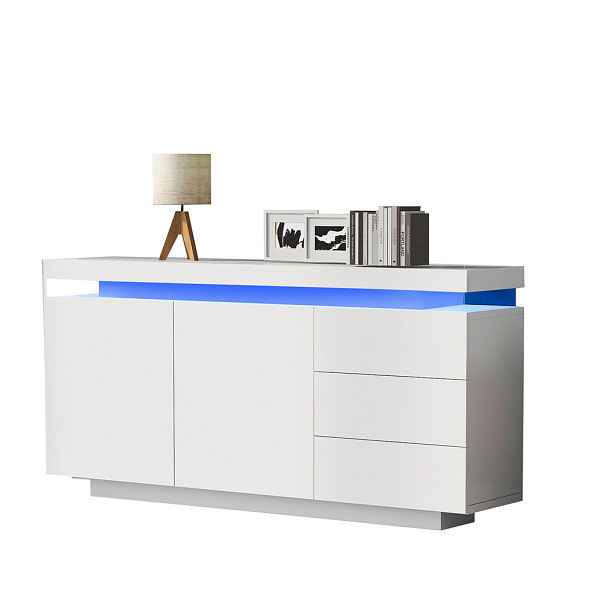 Redom SIDEBOARD 140/35/72,5 cm s LED osvětlením, bezúchytkovým provedením a lesklým povrchem, Bílá