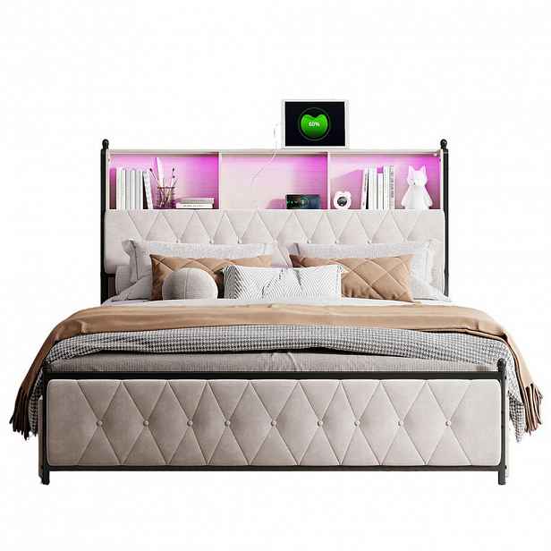 SHOPENTRA ÚLOŽNÝ prostor pod postel 140x200cm béžový samet s LED a USB-C
