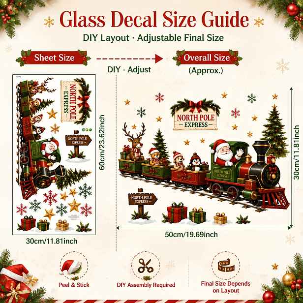 TEMU 1 ks 30 x 60 cm Samolepky na okno do vlaku Santa Claus ze Severního pólu, sněhová vločka, statické nálepky, vánoční dekorace na sklo, do