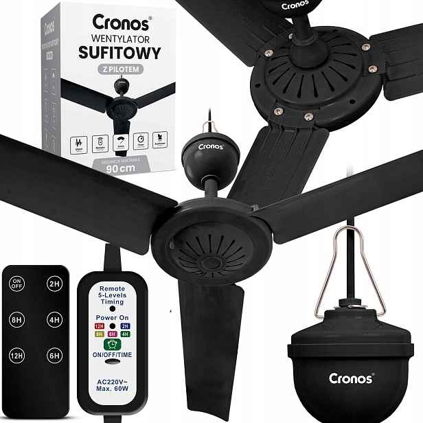 Stropní Ventilátor S Větrákem Tichý Černý Větrák 90 cm Dálkový Ovladač Časovač